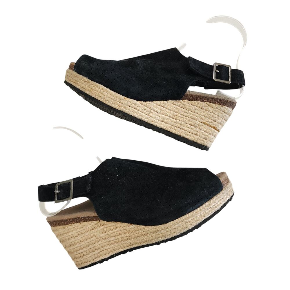 AETREX Womens Sherry Espadrille Wedge Sandal Size 10.5-11 Black Suede Perforated